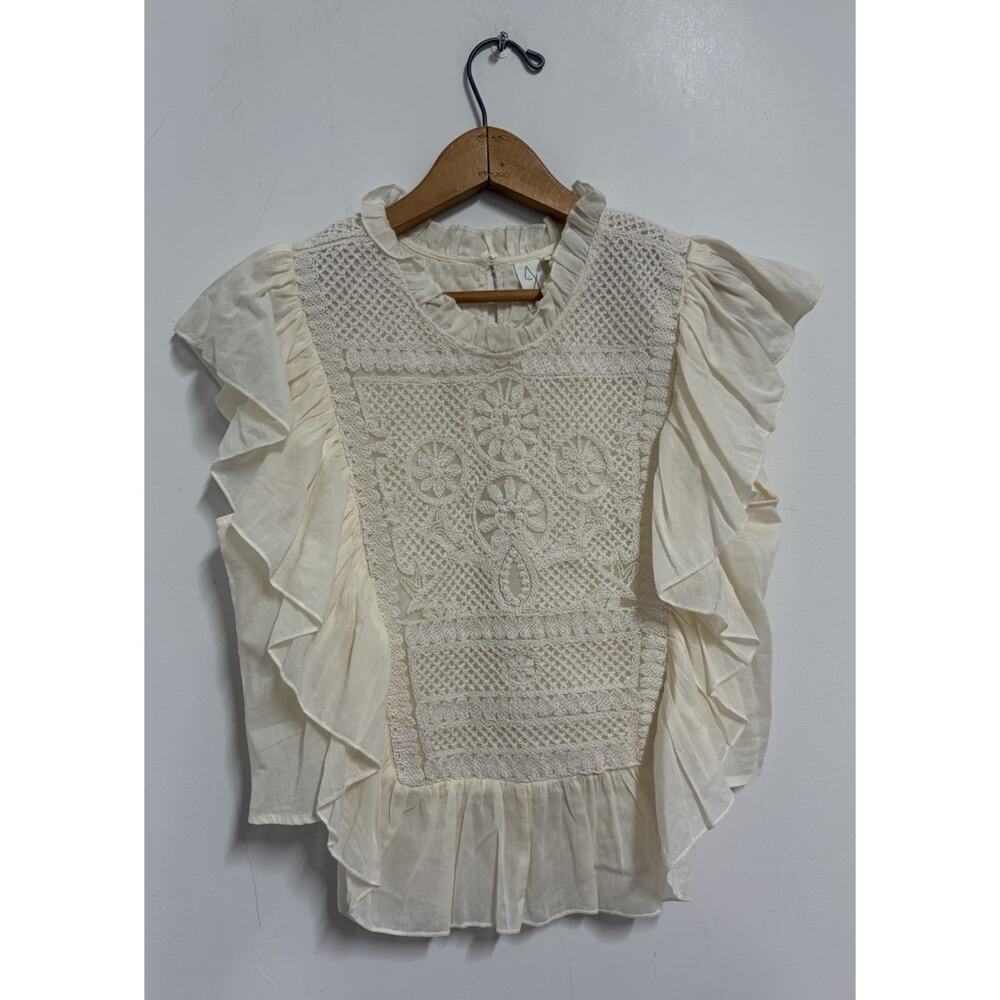 JOIE Ruffle Crochet Top Ivory Eyelet Sleeveless Western Victorian Romantic Sz S - Picture 3 of 7